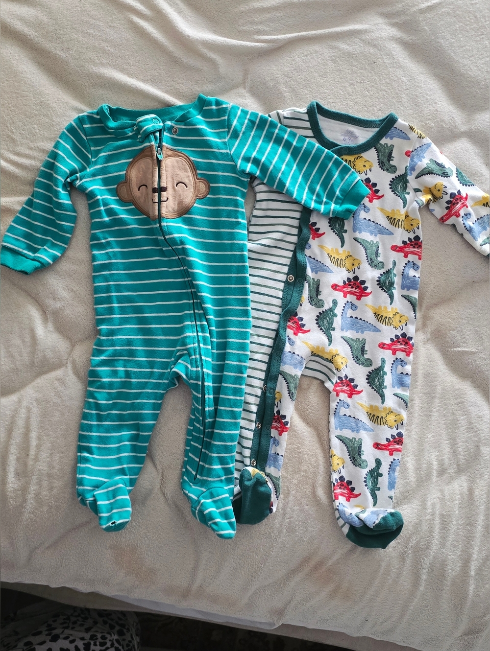 Turquoise Striped Monkey Footed One-Piece Pajama for Kids 6-9 Months